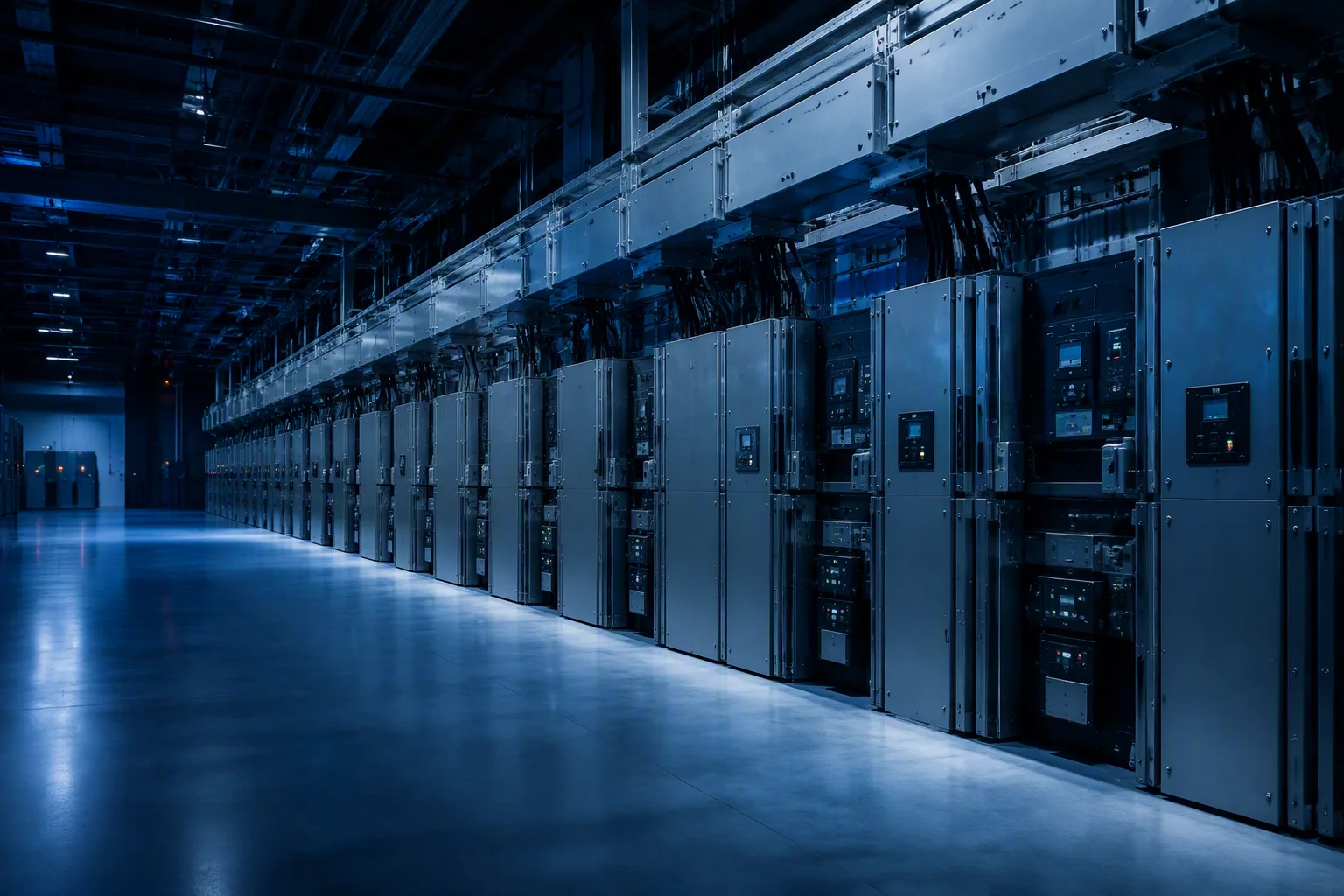 Datacenter power room with busbar trunking overhead