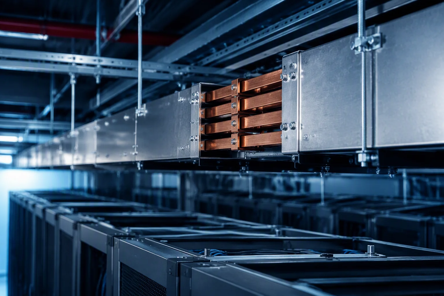 High-voltage DC busduct installation above datacenter racks
