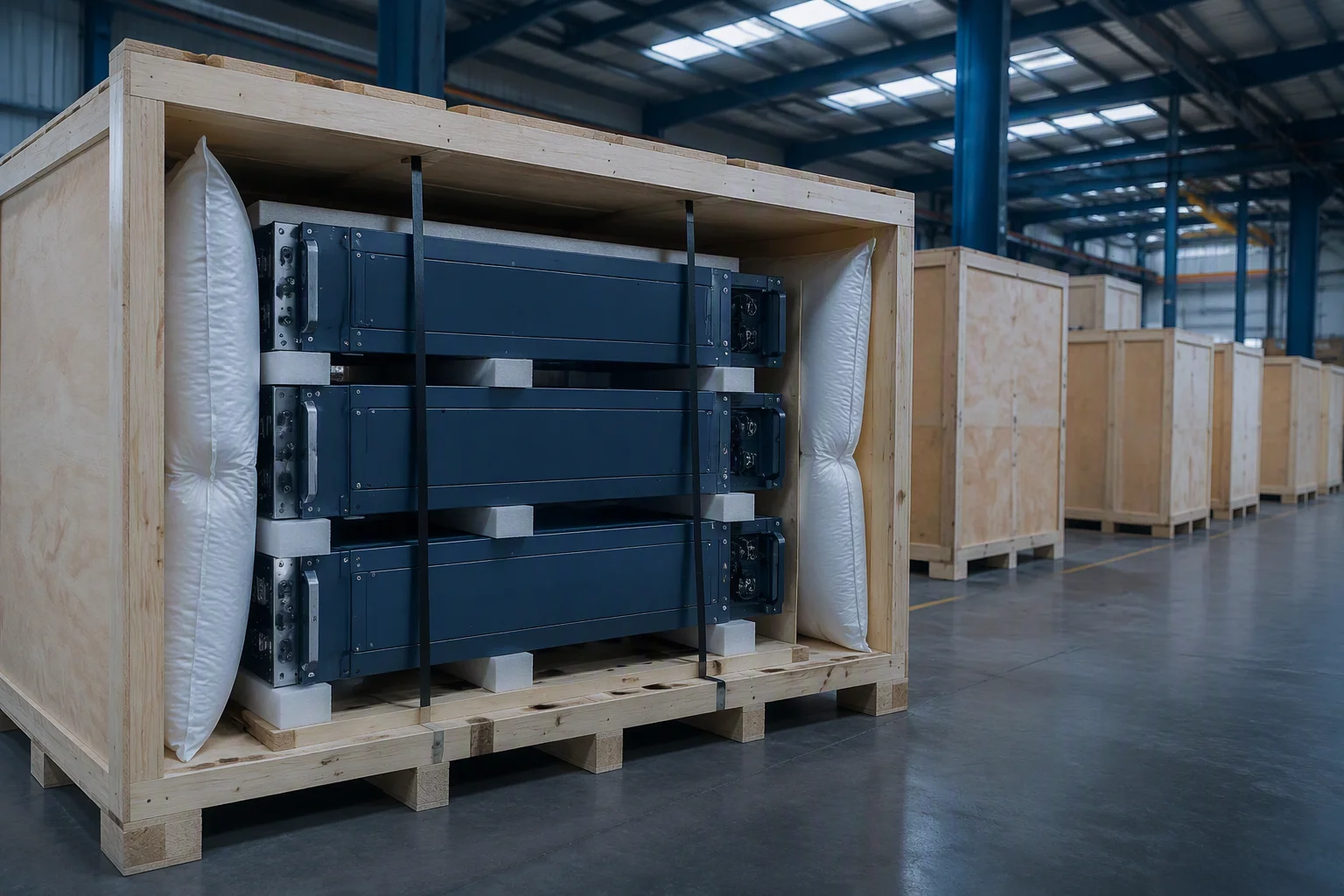Export crates packed with rack battery units in a warehouse