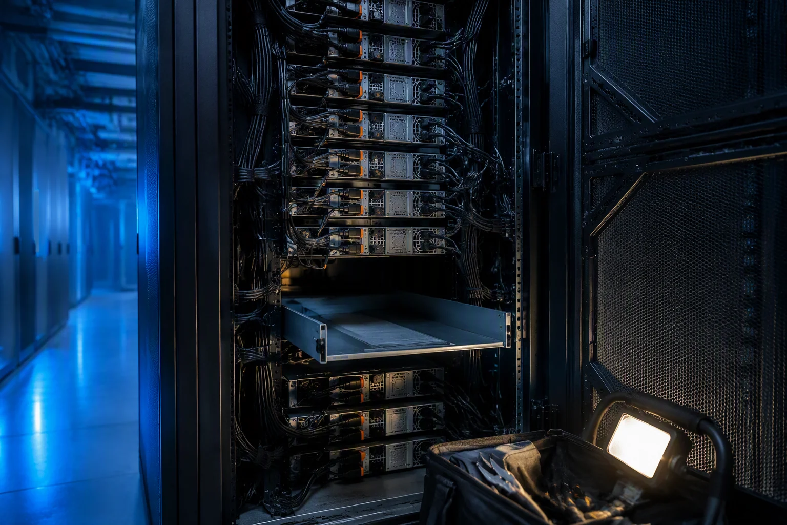 AI server rack being commissioned with power cabling organized