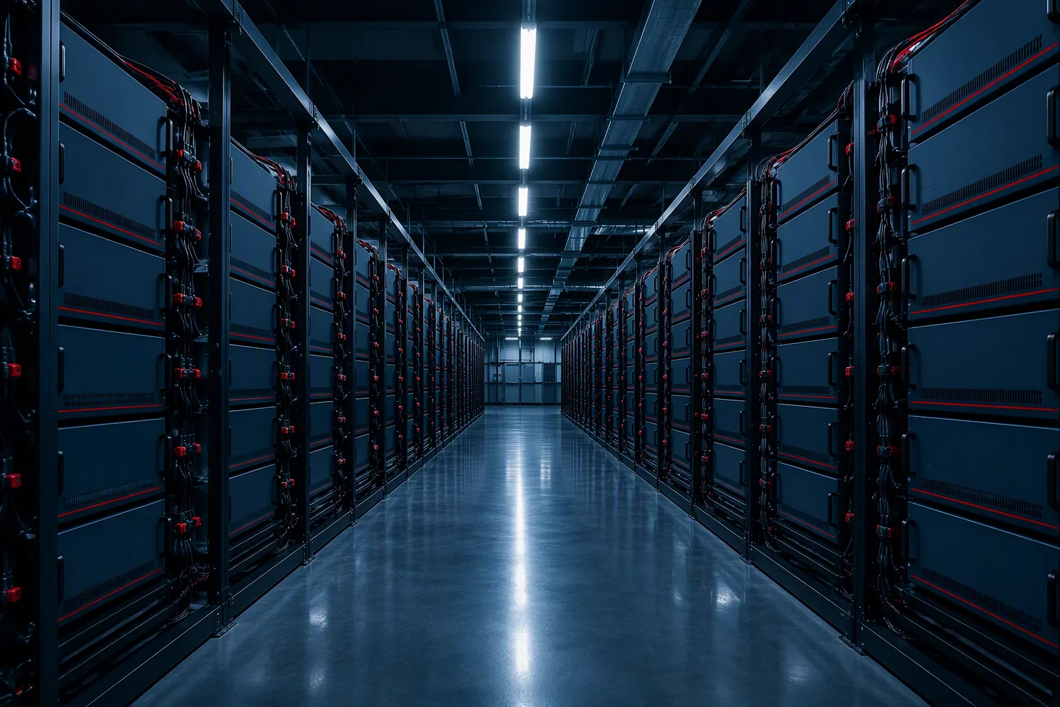 Rows of formation and aging racks cycling lithium battery modules in the test hall