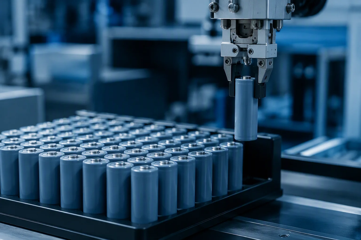 Trays of 21700 LFP cylindrical cells lined up before grading