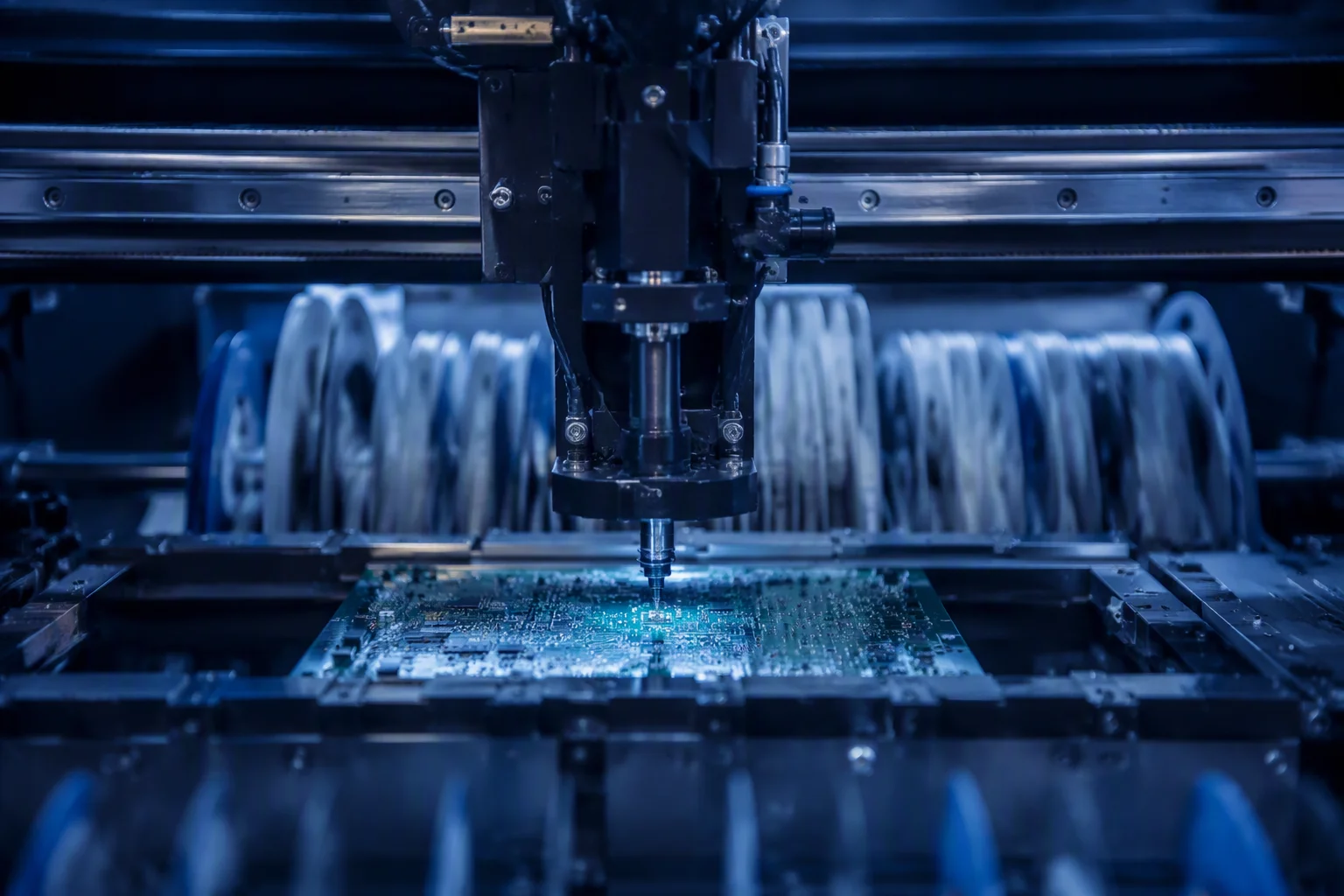 Pick-and-place machine placing components on a BMS board