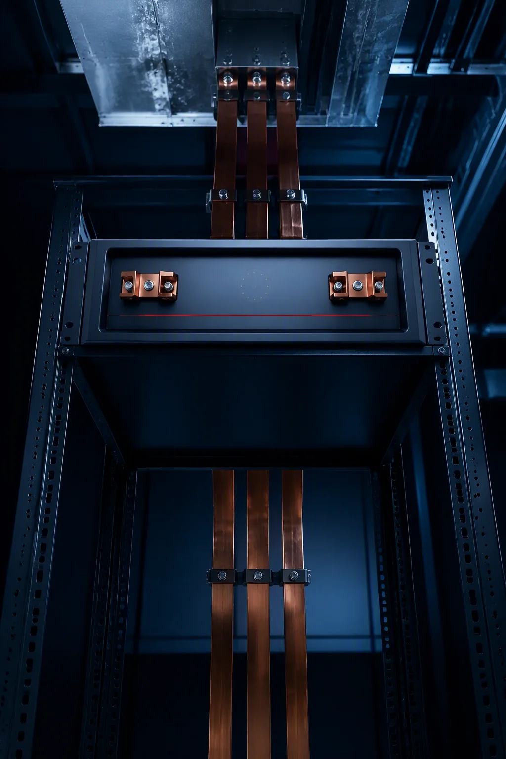 VB-H400 shelves feeding a high-voltage rack bus in a data center