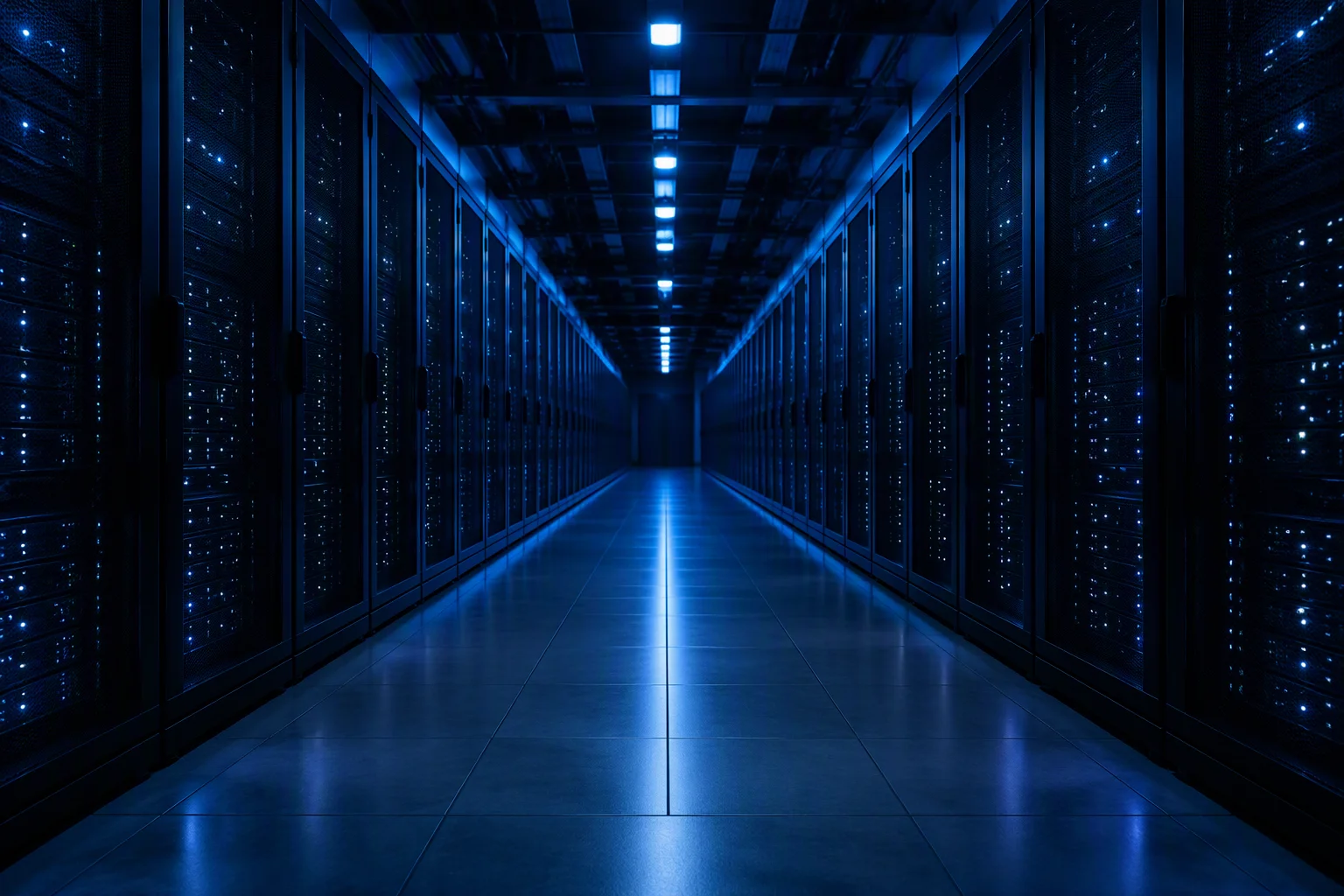 GPU cluster corridor in an AI datacenter