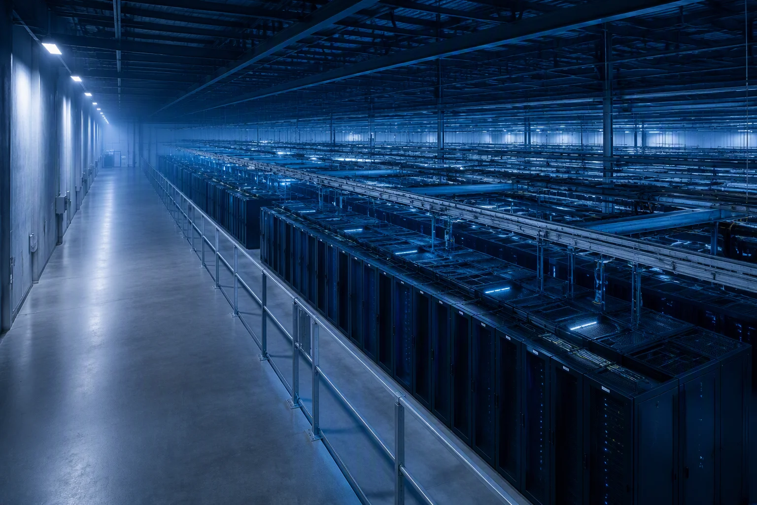 Colocation datacenter hall with rows of racks