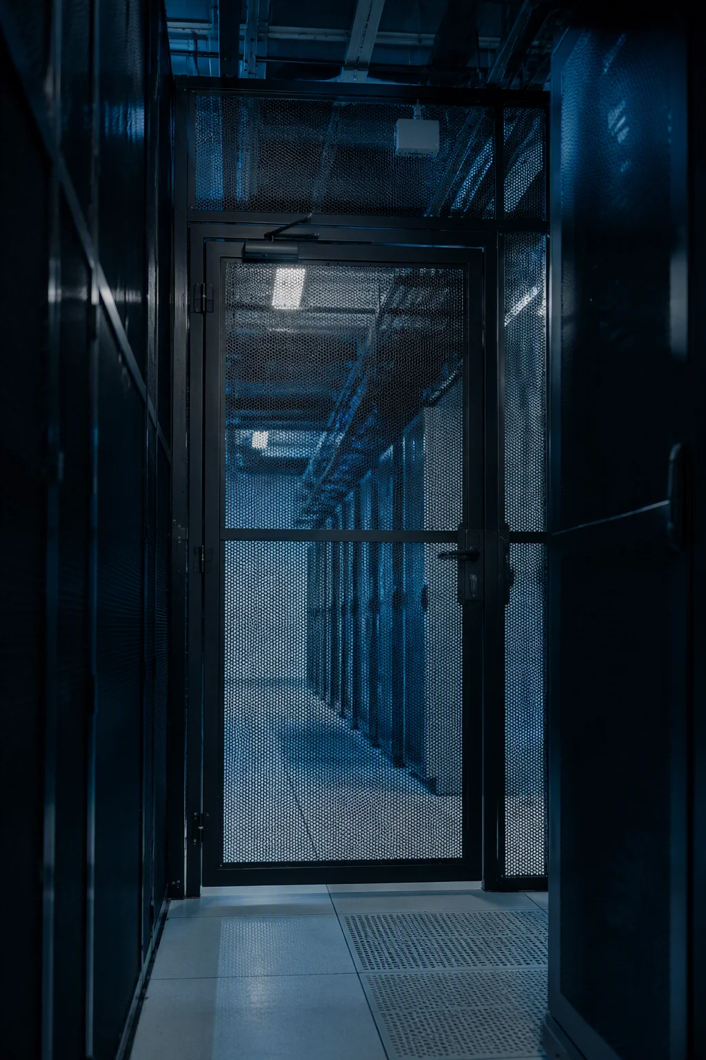 Secure colocation cage entrance with racks behind