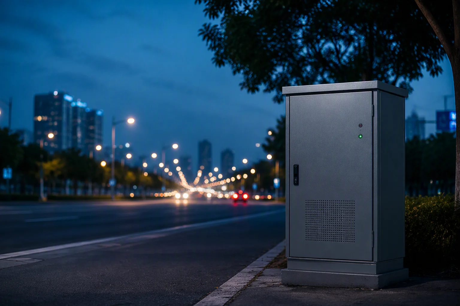 Edge computing cabinet on a city roadside at dusk