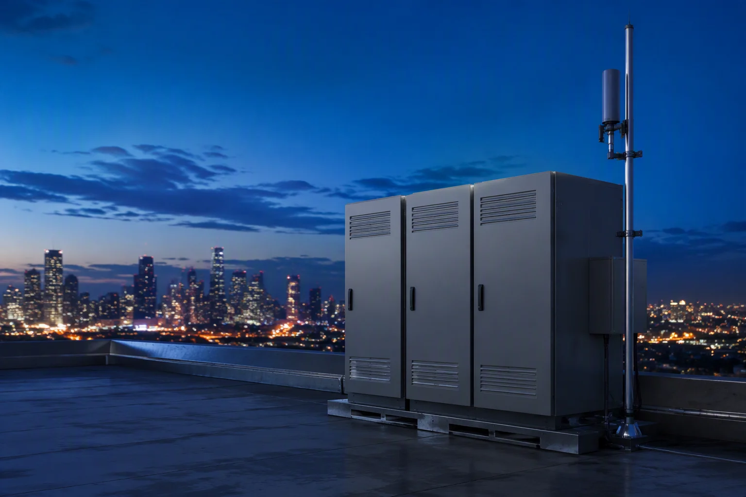 Edge equipment cabinets on a rooftop at blue hour