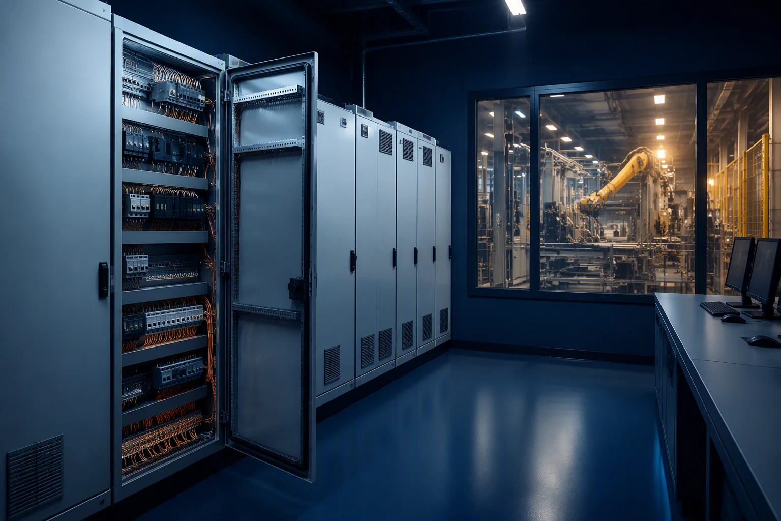 Control cabinets beside an automated production line
