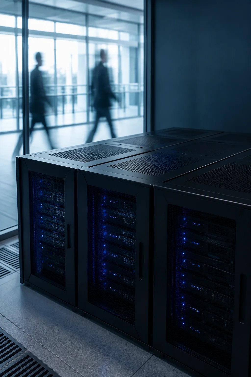 Research lab compute cluster beside a glass wall