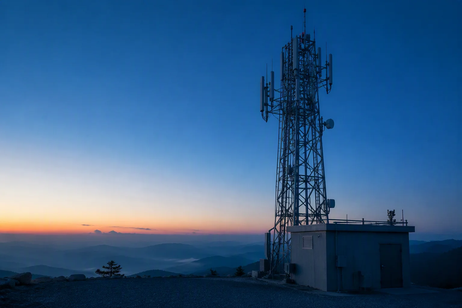 Telecom tower and equipment shelter at dawn