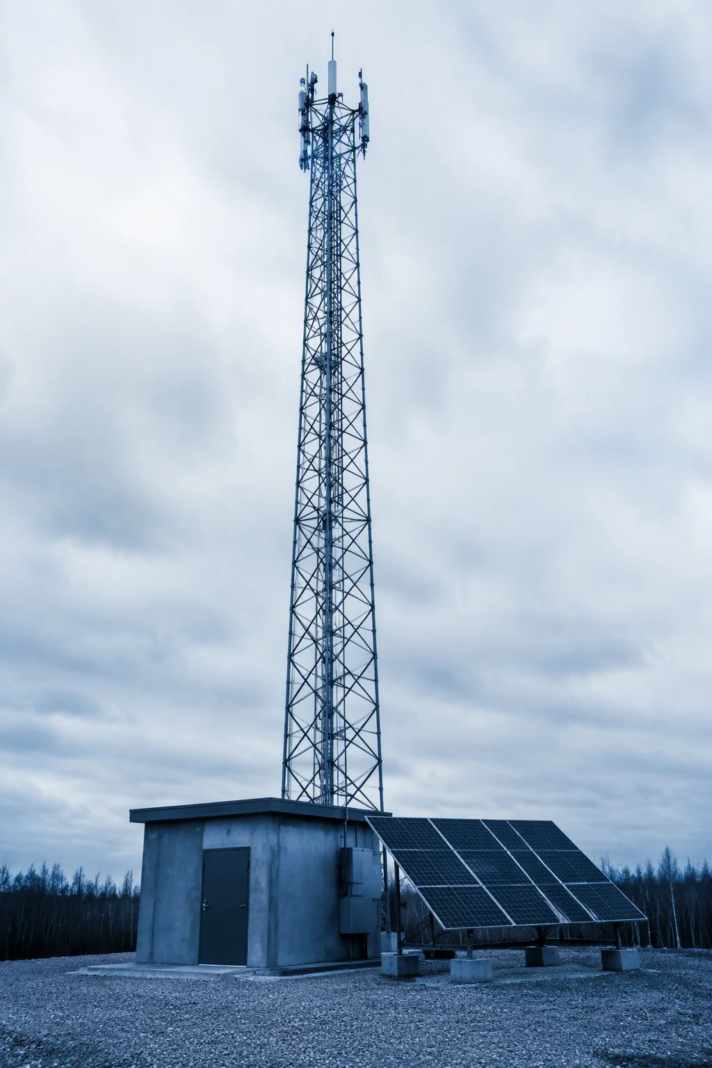 Rural telecom shelter with solar array and lattice tower