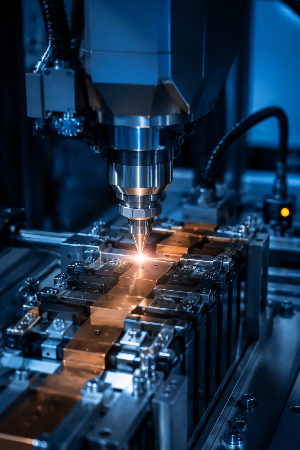 Laser welding head joining a nickel busbar to a group of 21700 LFP cells