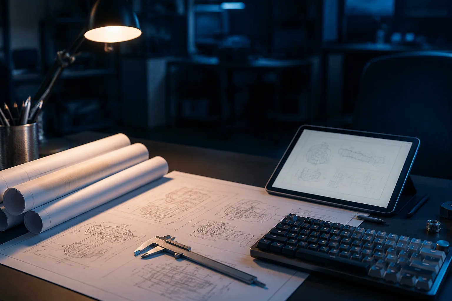 Engineers reviewing an OEM battery program around a project desk with drawings and a rack module