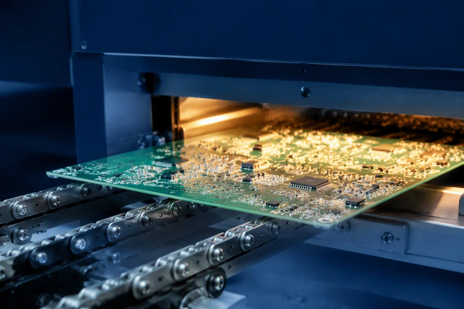 Close-up of an SMT placement head mounting fine-pitch parts on a BMS control board